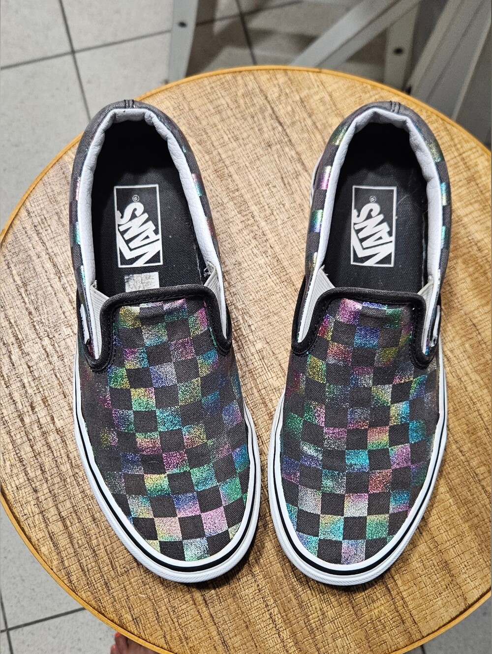Vans Slip-On Metallic Checkerboard Shoes - Iridescent Black Womens Size 7.5